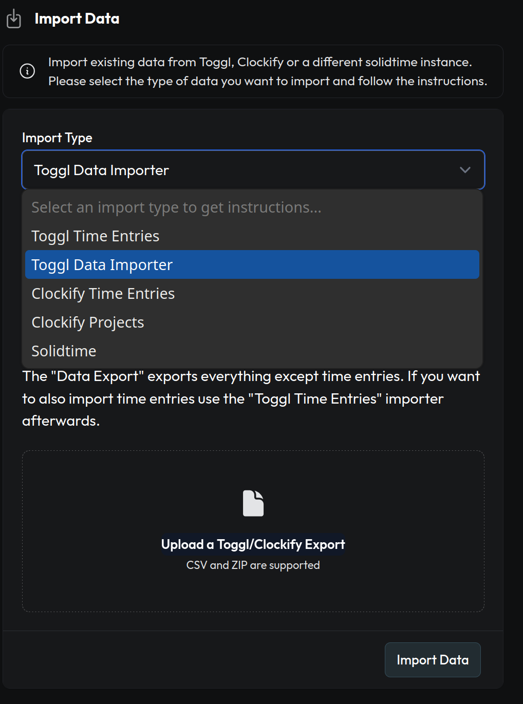 The SolidTime import/export screen